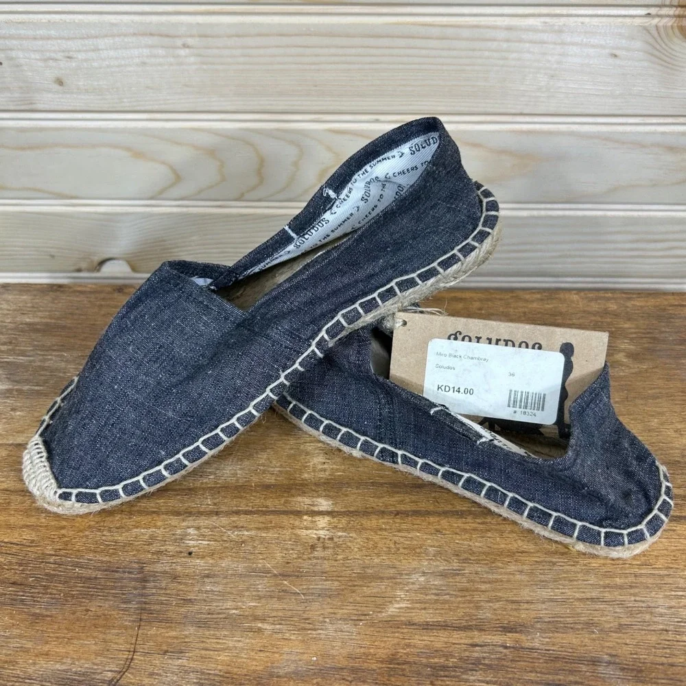Soludos Miro Black Chambray Espadrille Flats Women 36 New